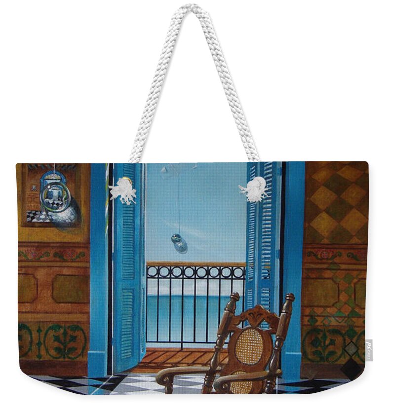 Spheres Weekender Tote Bag featuring the painting El sillon de abuelita by Roger Calle