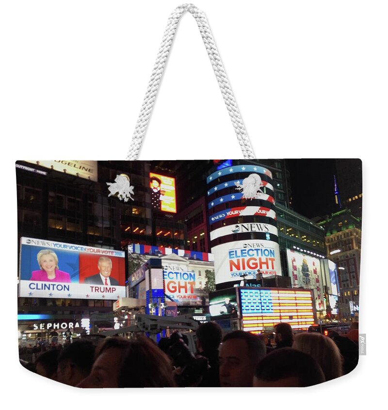 Election Night Weekender Tote Bag featuring the photograph Election Night in Times Square 2016 by Melinda Saminski