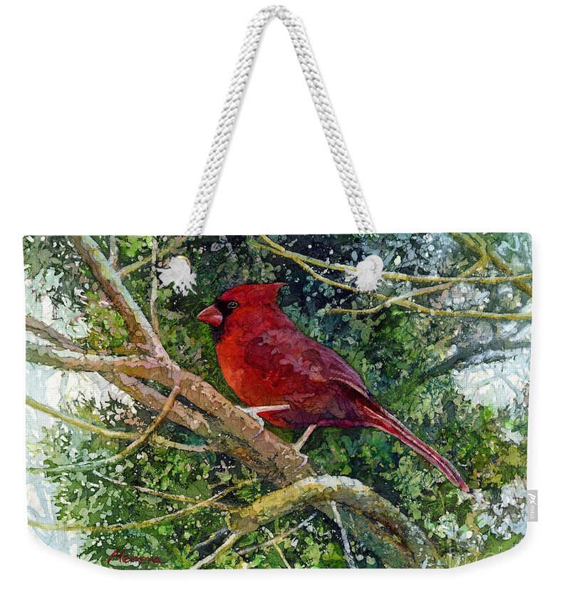 Cardinal Weekender Tote Bag featuring the painting Elegance in Red by Hailey E Herrera