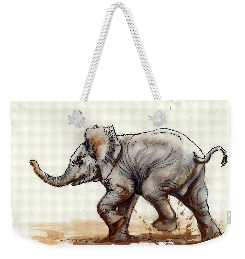 Elephant Weekender Tote Bag featuring the painting Elephant Baby At Play by Margaret Stockdale