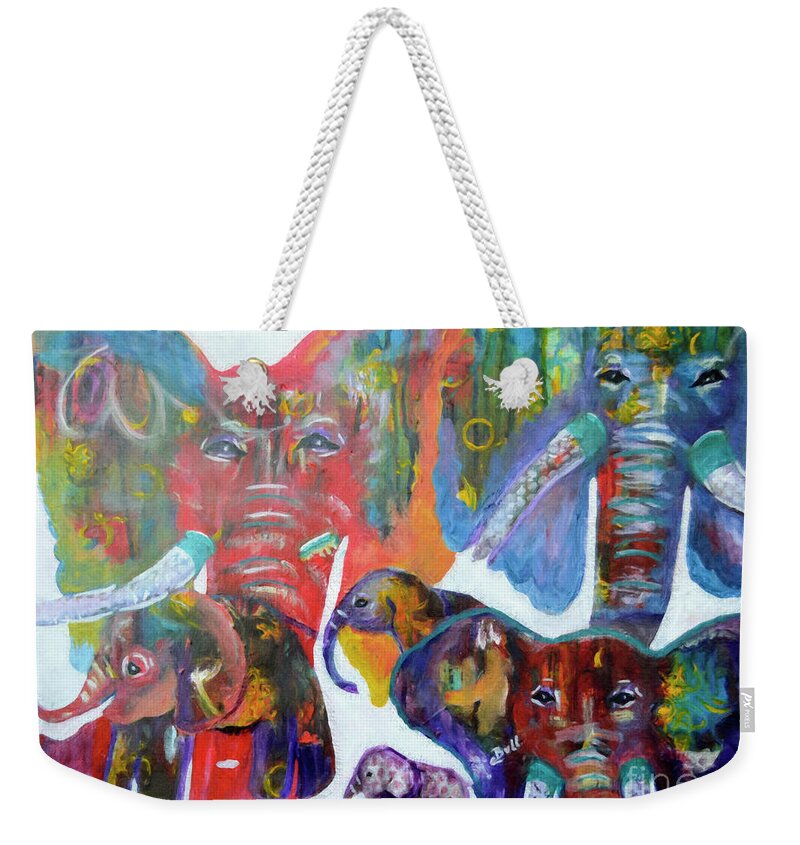 Elephants Weekender Tote Bag featuring the painting Elephant Family by Claire Bull