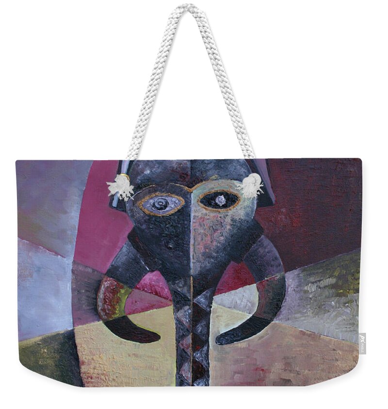 Elephant Mask Weekender Tote Bag featuring the painting Elephant Mask by Obi-Tabot Tabe