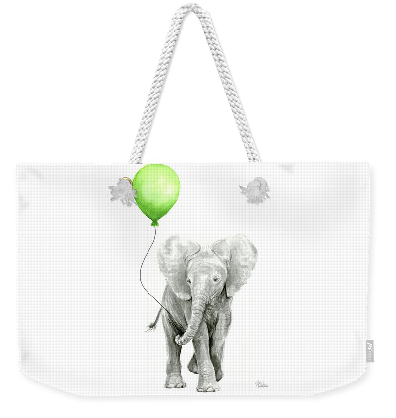 Elephant Weekender Tote Bag featuring the painting Elephant Watercolor Green Balloon Kids Room Art by Olga Shvartsur