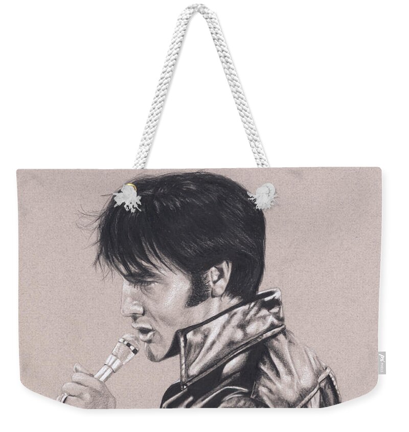 Elvis Weekender Tote Bag featuring the drawing Elvis in Charcoal #177, No title by Rob De Vries