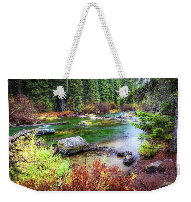 Green Weekender Tote Bag featuring the photograph Emerald Green Deschutes by Cat Connor