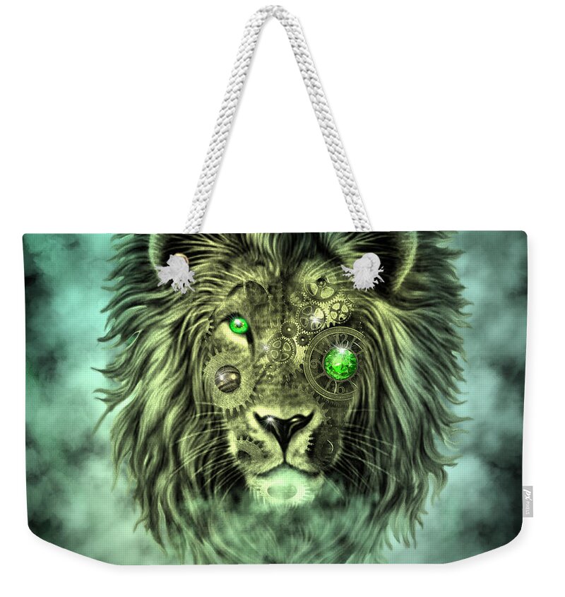 Digital Art Weekender Tote Bag featuring the digital art Emerald Steampunk Lion King by Artful Oasis
