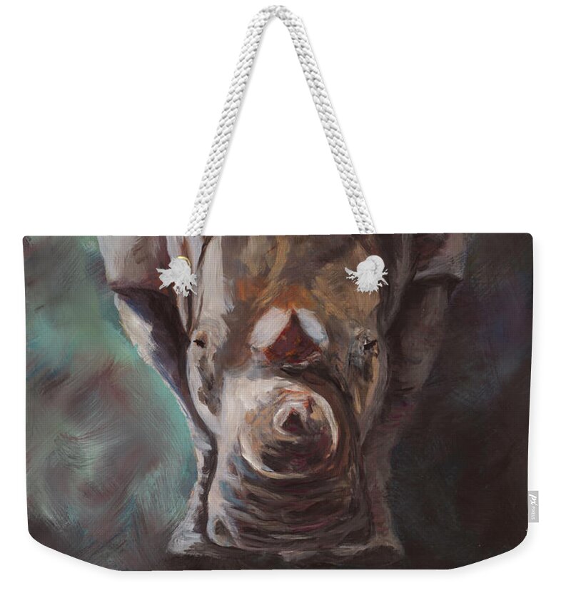 Rhino Weekender Tote Bag featuring the painting Emerging by Kirsty Rebecca