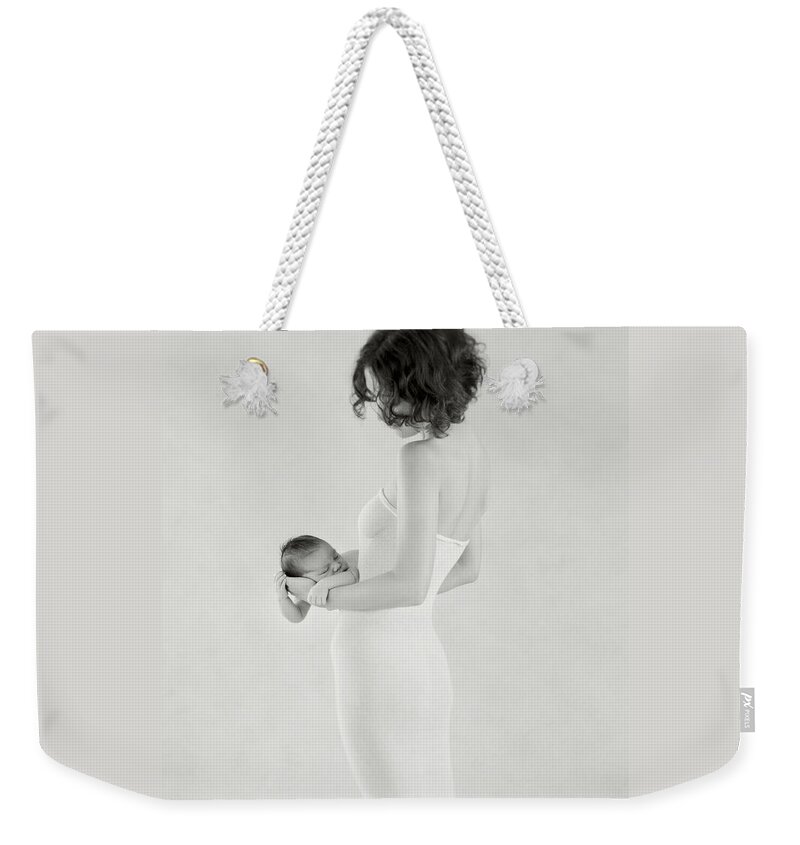 Black And White Weekender Tote Bag featuring the photograph Emily Holding Ella by Anne Geddes