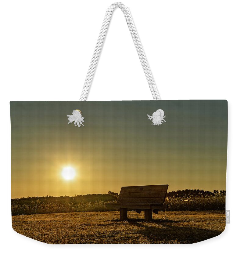 Explorecanada Weekender Tote Bag featuring the photograph Empty Cavendish Beach Bench by Chris Bordeleau