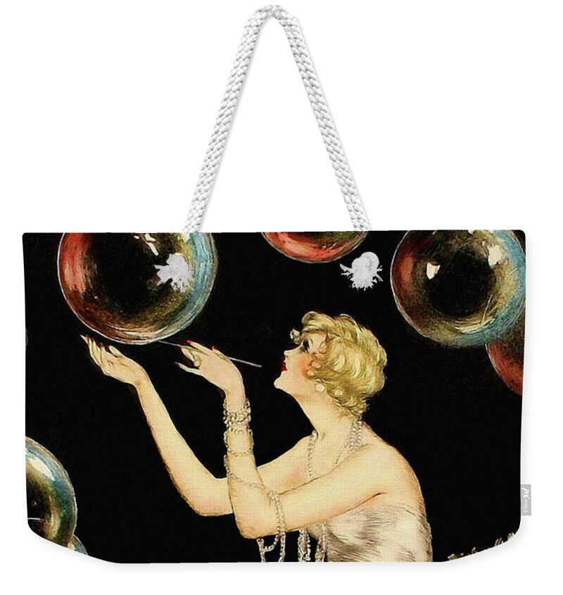 Art Deco Flapper Woman Weekender Tote Bag featuring the painting Enchanting Whimsical French Art Deco Woman Fashion illustration by Tina Lavoie