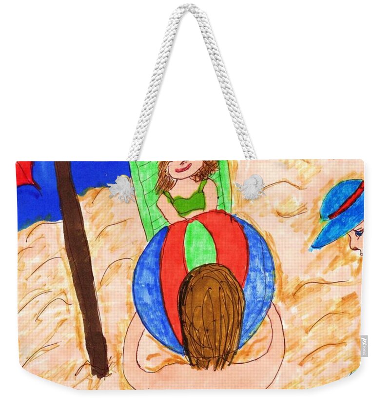 People On The Beach Girl With A Large Beach Ball Weekender Tote Bag featuring the mixed media End of Summer Vacation by Elinor Helen Rakowski