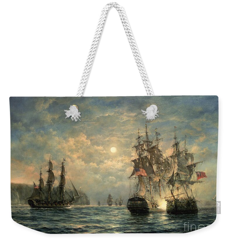 American War Of Independence Weekender Tote Bag featuring the painting Engagement Between the 'Bonhomme Richard' and the ' Serapis' off Flamborough Head by Richard Willis
