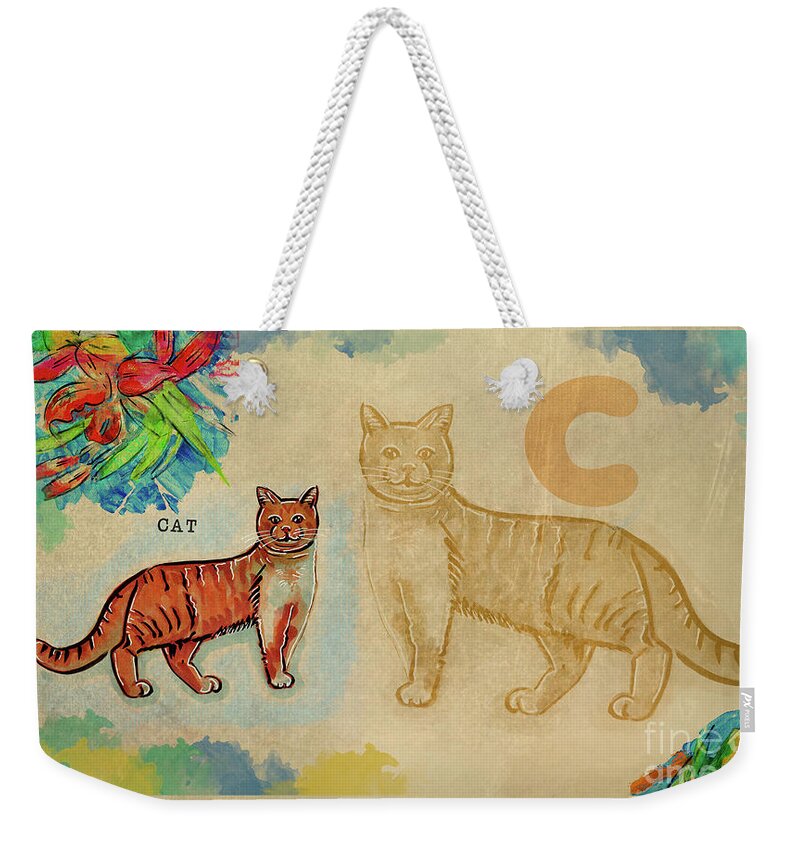 Educational Weekender Tote Bag featuring the drawing English alphabet , Cat by Ariadna De Raadt