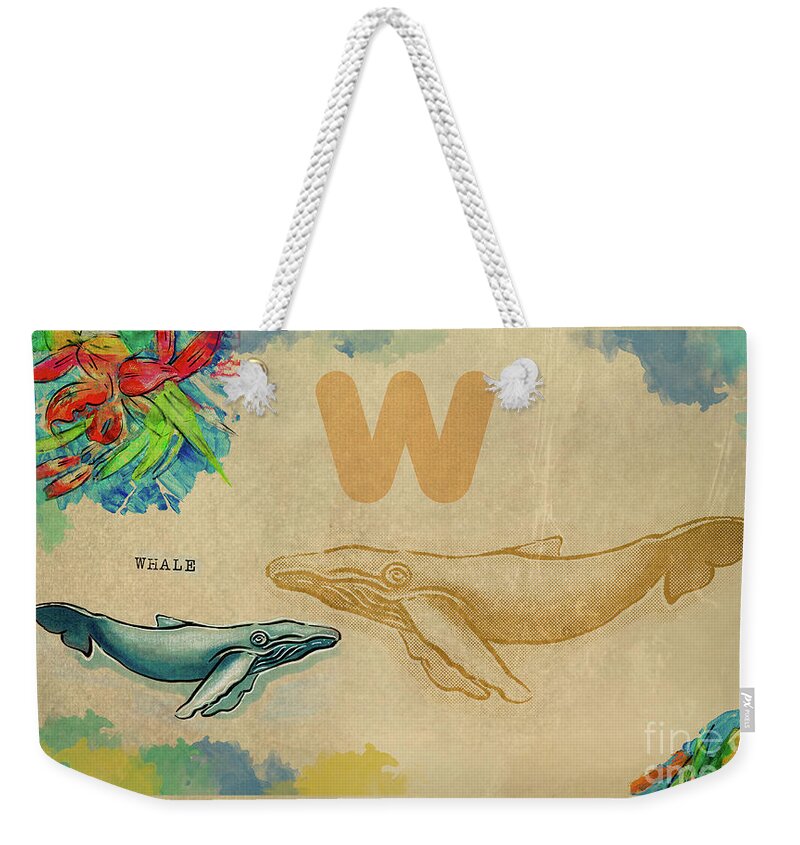 Educational Weekender Tote Bag featuring the drawing English alphabet , Whale by Ariadna De Raadt