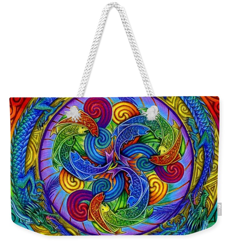 Dragon Weekender Tote Bag featuring the drawing Psychedelic Dragons Rainbow Mandala by Rebecca Wang