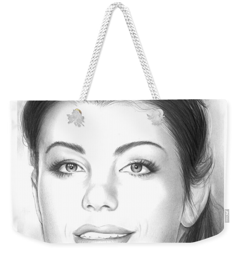 Erica Durance Weekender Tote Bag featuring the drawing Erica Durance by Greg Joens