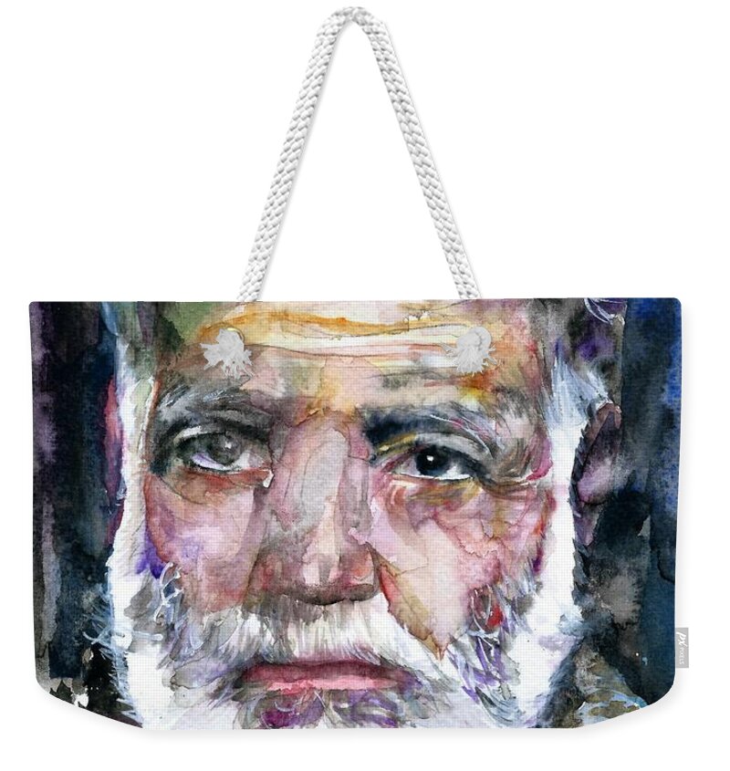 Hemingway Weekender Tote Bag featuring the painting ERNEST HEMINGWAY - watercolor portrait.12 by Fabrizio Cassetta
