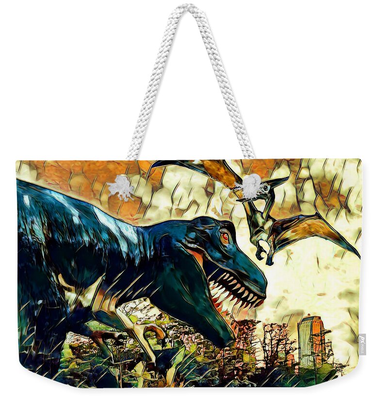 Dinosaurs Weekender Tote Bag featuring the digital art Escape from Jurassic Park by Pennie McCracken