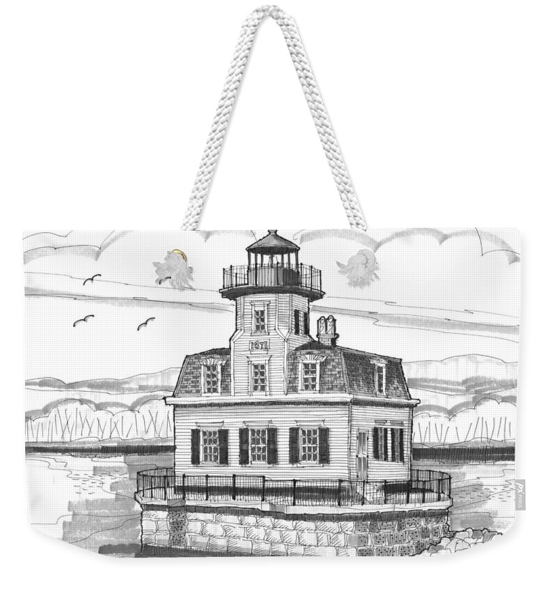 Landscape Weekender Tote Bag featuring the drawing Esopus Meadows Lighthouse by Richard Wambach