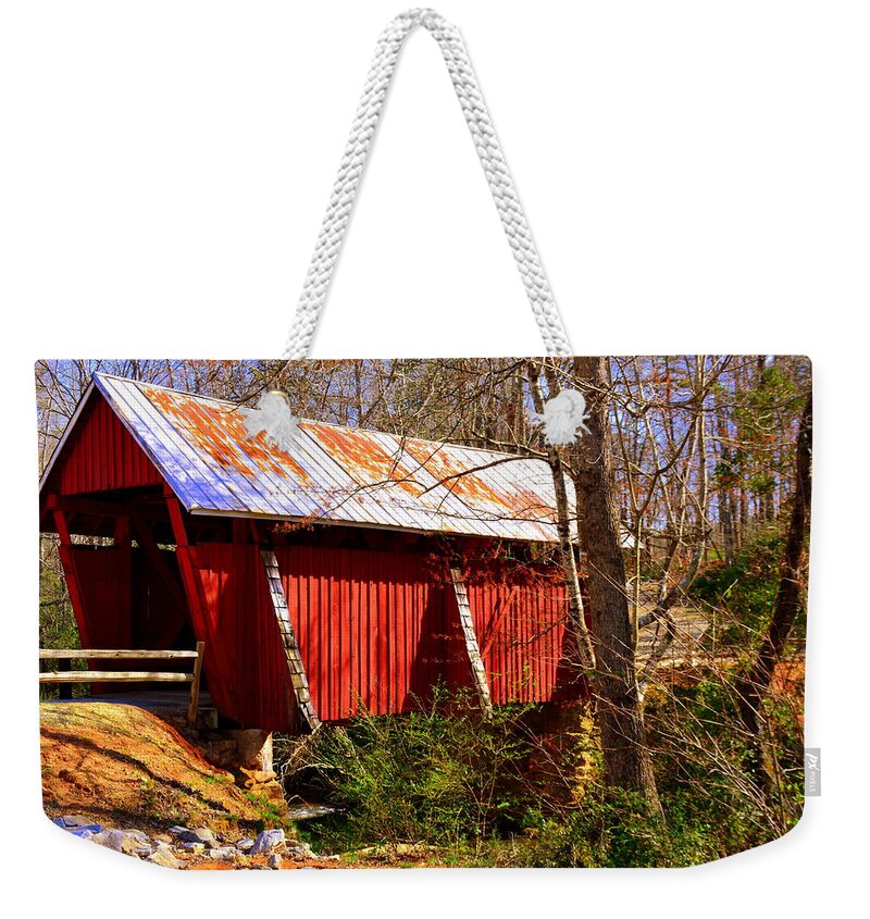 Est. 1909 Campbell's Covered Bridge Weekender Tote Bag featuring the photograph Est. 1909 Campbell's Covered Bridge by Lisa Wooten