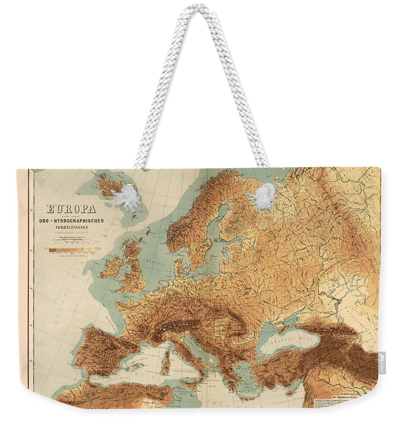 Antique Relief Map Weekender Tote Bag featuring the drawing Europe - Geological Map showing Land and Water Resources - Historical Map - Antique Relief Map by Studio Grafiikka