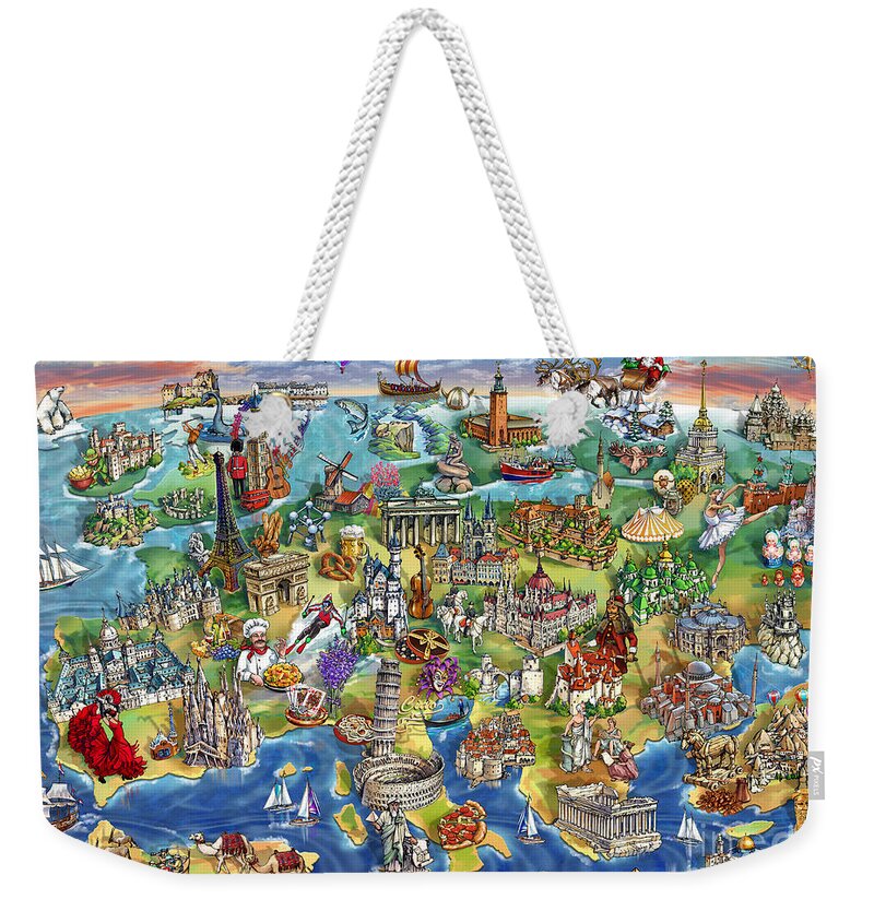 Europe Weekender Tote Bag featuring the painting European World Wonders Illustrated Map by Maria Rabinky