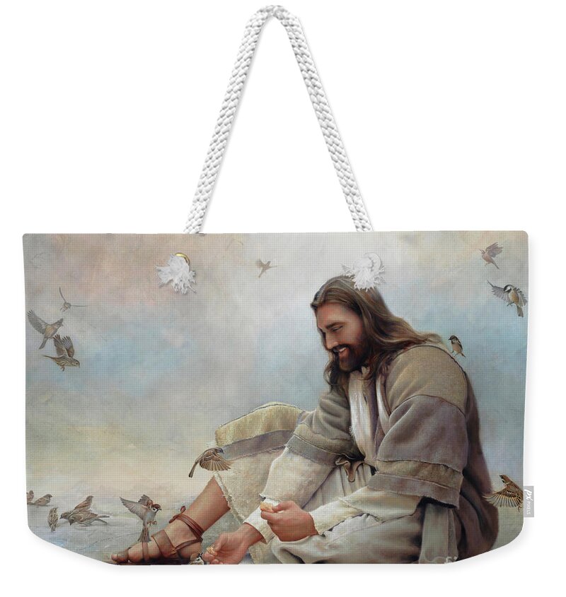 Jesus Weekender Tote Bag featuring the painting Even A Sparrow by Greg Olsen