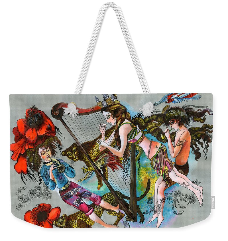 Russian Artists New Wave Weekender Tote Bag featuring the painting Even Leopards Love the Music by Maya Gusarina