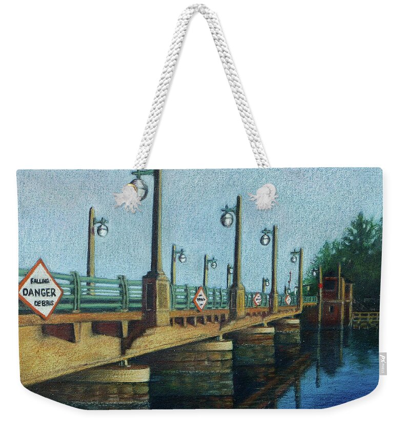 Bayville Weekender Tote Bag featuring the painting Evening, Bayville Bridge by Susan Herbst