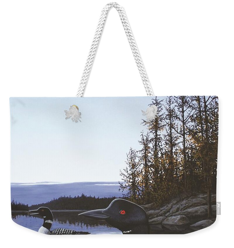 Loon Weekender Tote Bag featuring the painting Evening Call by Anthony J Padgett