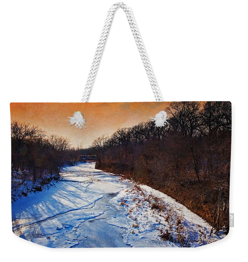 Creek Weekender Tote Bag featuring the photograph Evening Frozen Creek by Anna Louise
