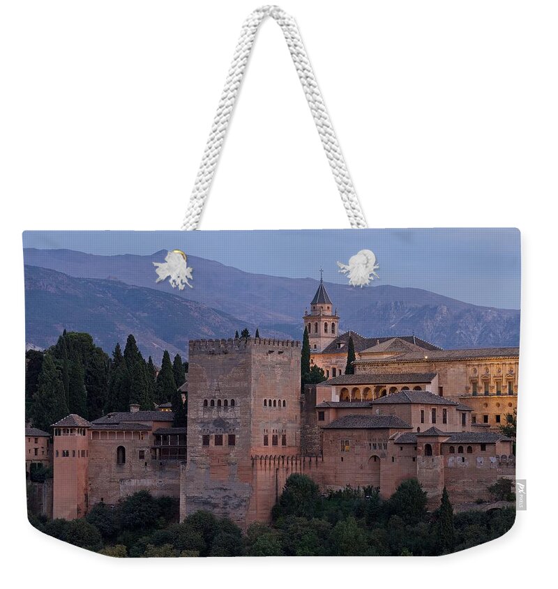 Alhambra Weekender Tote Bag featuring the photograph Evening Lights at the Alhambra by Stephen Taylor