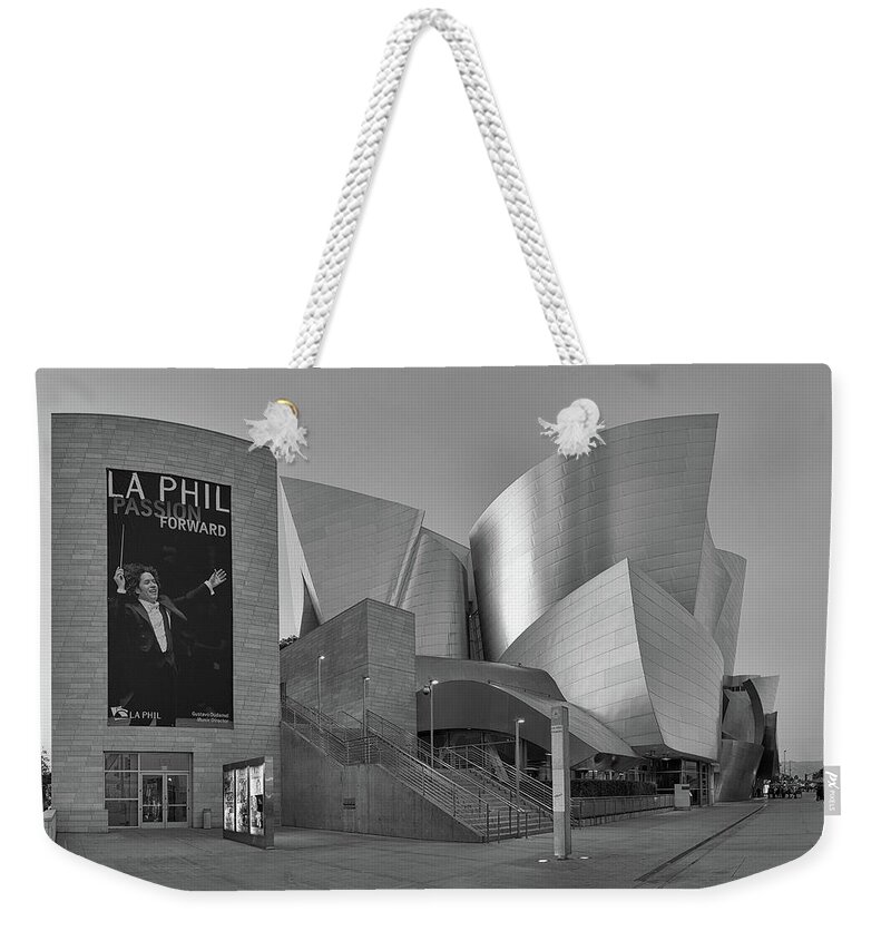 Walt Disney Concert Hall Weekender Tote Bag featuring the photograph Walt Disney Concert Hall - Evening with Gustavo - Black and White Rendition by Ram Vasudev