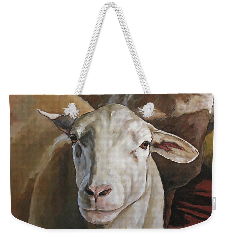 Joan Frimberger Weekender Tote Bag featuring the painting Ewes In The Paddock by Joan Frimberger