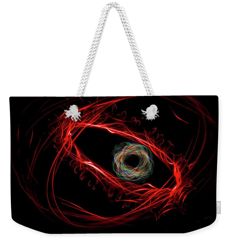 Light Painting Psychedelic Groovy 60's Spirograph Swinging Light Flashlight Abstract Blacklight Trippy Long Exposure Pink Floyd Dark Colorful Hypnotic Eyeball Eye Osiris All Seeing Eye Creepy Weekender Tote Bag featuring the photograph Eye Am Watching by Peter Herman