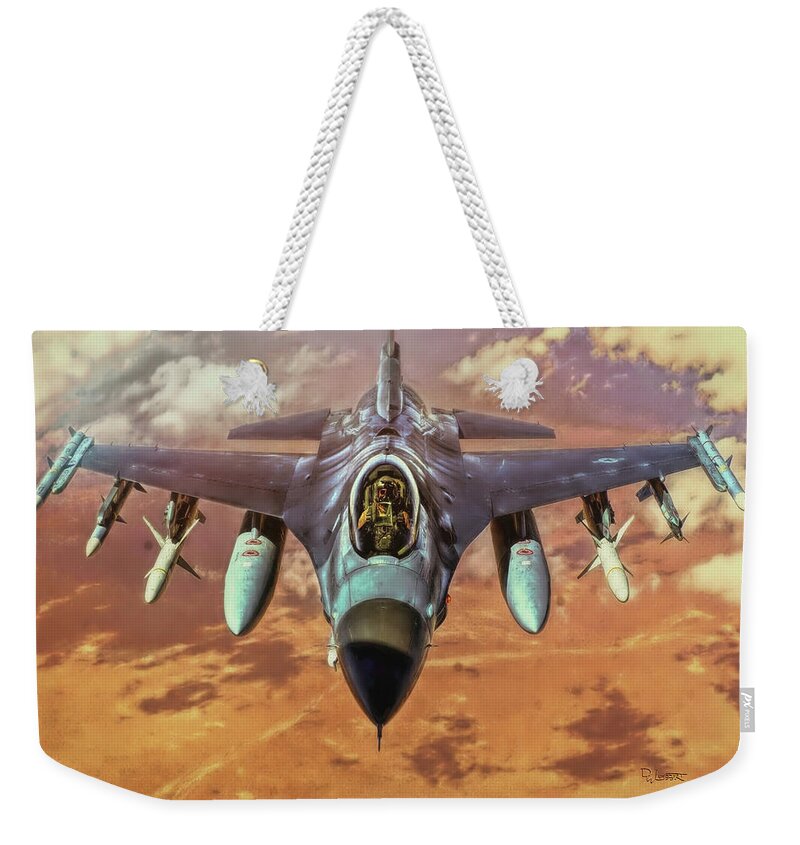 Falcon Weekender Tote Bag featuring the digital art F 16 Falcom by David Luebbert