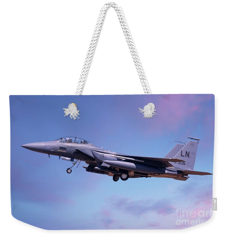 Usaf Weekender Tote Bag featuring the photograph F15 coming into land lowering landing gear by Simon Bratt