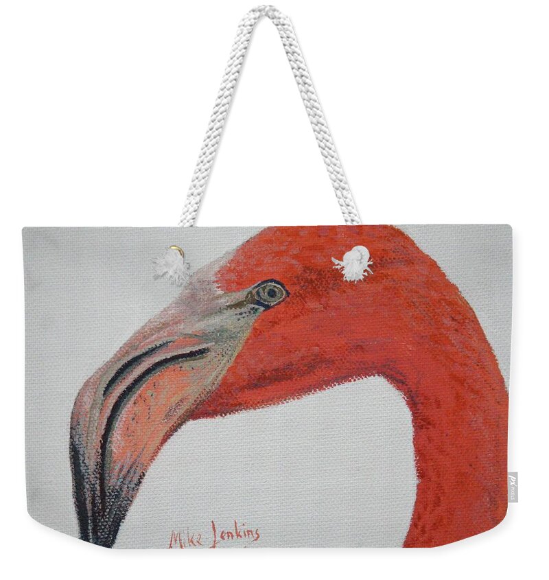 Flamingo Weekender Tote Bag featuring the painting Face to Face with Flamingo by Mike Jenkins
