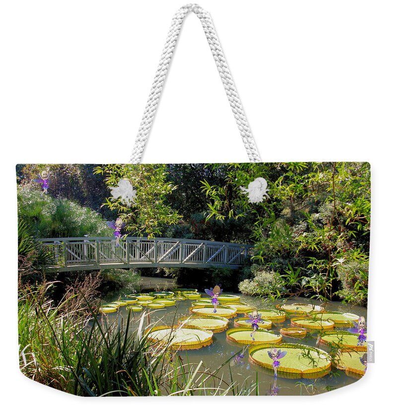 Fairies Weekender Tote Bag featuring the mixed media Fairies on the Lily Pods by Rosalie Scanlon