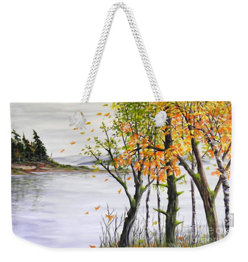 Trees Water Inlet Reflection Wind Leaves Colours Landscape Seascape Sky Clouds Brush Mountains Light Dark Shadow Shade Windy Green Blue White Yellow Orange Brown Red Perspective View Weekender Tote Bag featuring the painting Fall blows in by Ida Eriksen