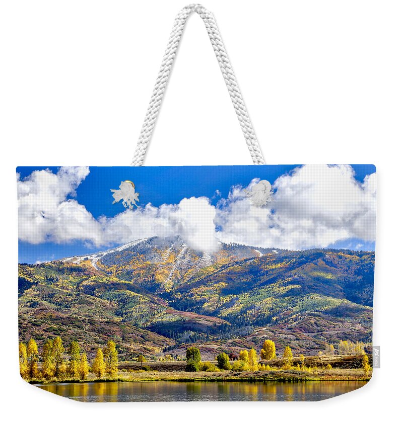 Landscape Weekender Tote Bag featuring the pyrography Fall Colors In Steamboat With a Lake. by James Steele