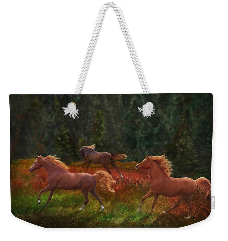 Chestnut Horses Weekender Tote Bag featuring the photograph Fall Dancers by Melinda Hughes-Berland