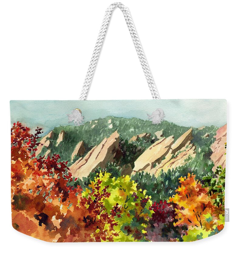 Red Leaves Art Weekender Tote Bag featuring the painting Fall Flatirons by Anne Gifford