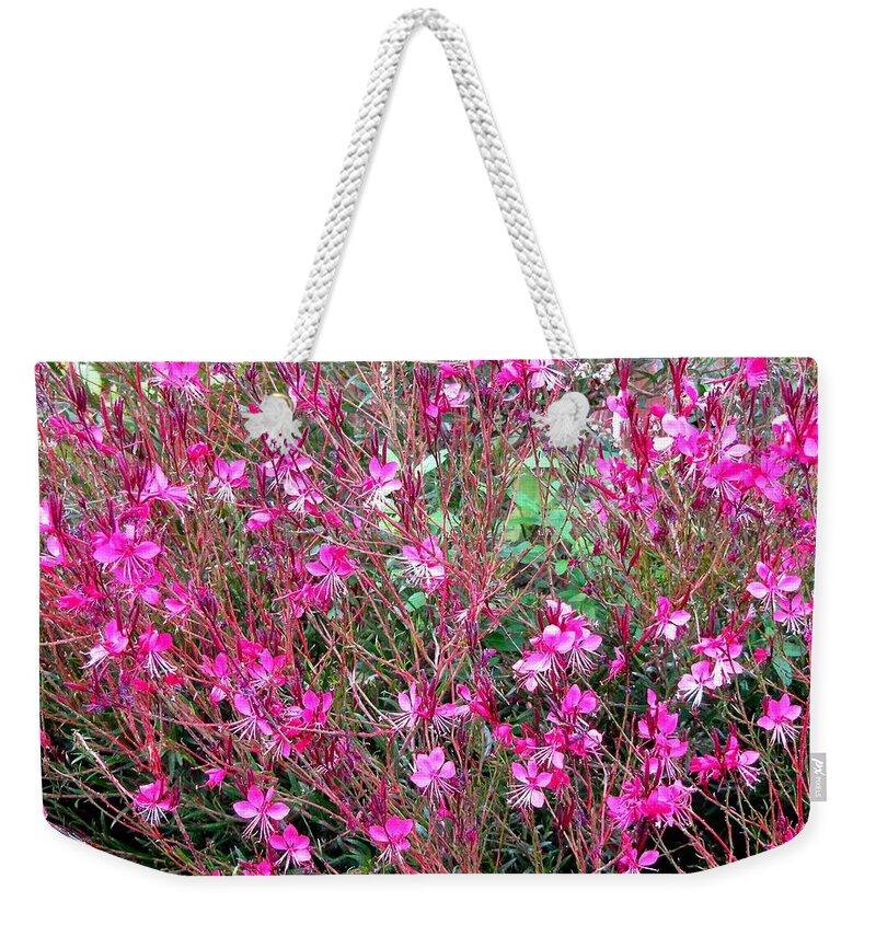 Pink Flowers In A Barrel Weekender Tote Bag featuring the photograph Fall Fowers by Phyllis Kaltenbach