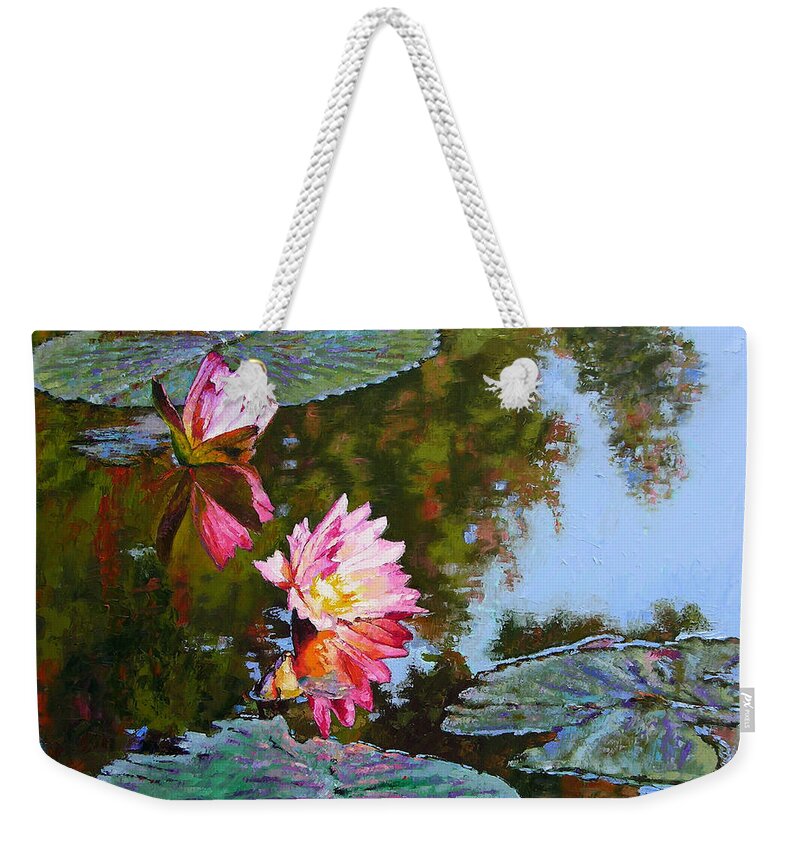 Water Lily Weekender Tote Bag featuring the painting Fall Glow by John Lautermilch