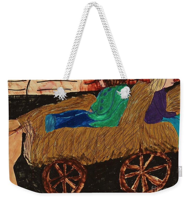 2 Young Girls Riding In A Hay Filled Wooden Wagon Pulled Weekender Tote Bag featuring the mixed media Fall Hayride by Elinor Helen Rakowski