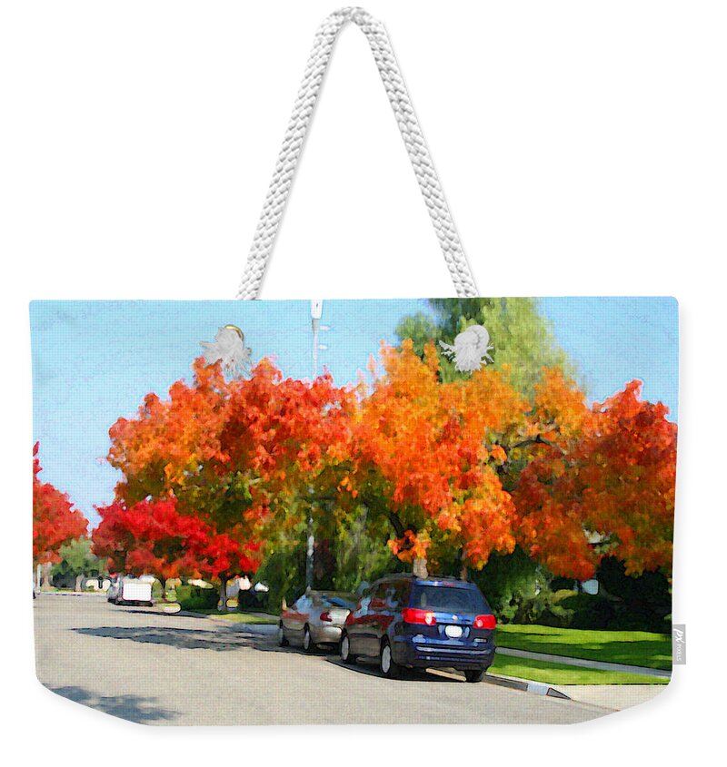 Fresno Streets Weekender Tote Bag featuring the painting Fall In The City by Gail Daley