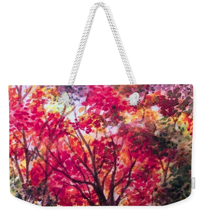 Fall Leaves Weekender Tote Bag featuring the painting Fall in the Forest by Hazel Holland