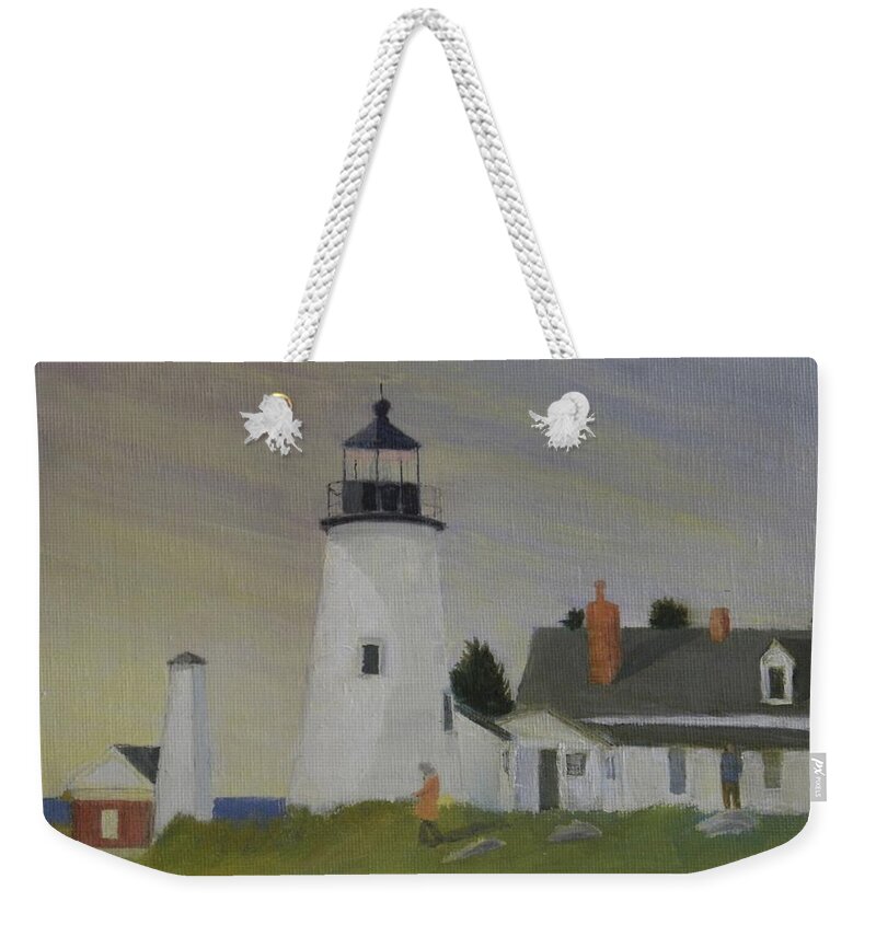 Lighthouse Ocean Pemaquid Fall Sky Sea Trees Weekender Tote Bag featuring the painting Fall Is Coming by Scott W White