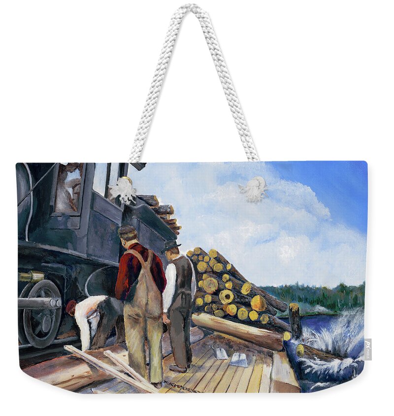 Fall Lake Weekender Tote Bag featuring the painting Fall Lake Train by Joe Baltich